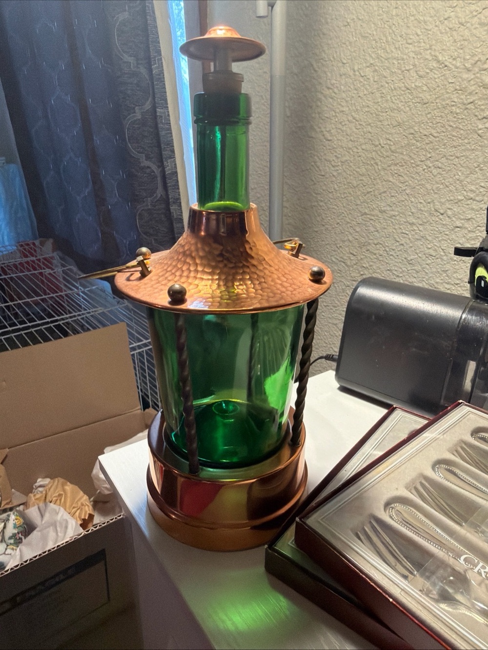 Green Glass and Copper Lantern Accent